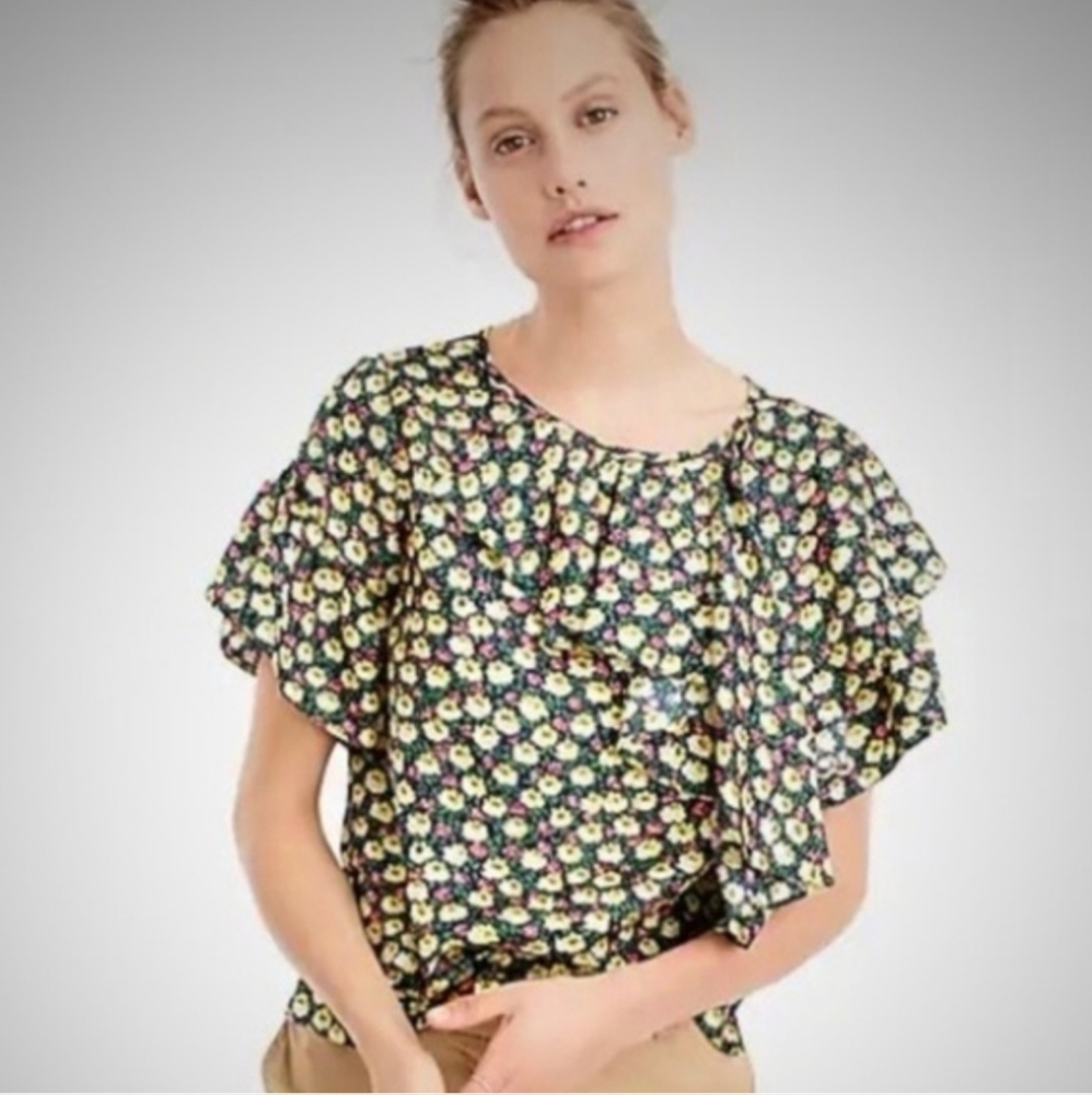 NWOT J. Crew Collection Silk Ratti Midnight Floral Ruffle Top Size 4